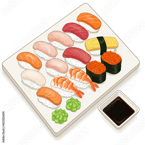 A vibrant illustration of a traditional Japanese sushi set, featuring an assortment of nigiri and gunkan maki on a platter.