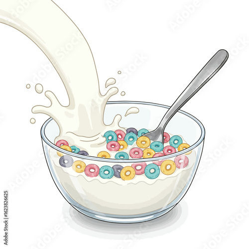 Fresh milk pouring and splashing into a glass bowl of colorful ring-shaped cereal for a nutritious morning breakfast