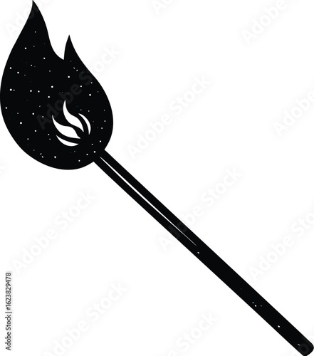 Vector art of black silhouette of a burning match with a bright flame, isolated on a white background, symbolizing ignition and energy