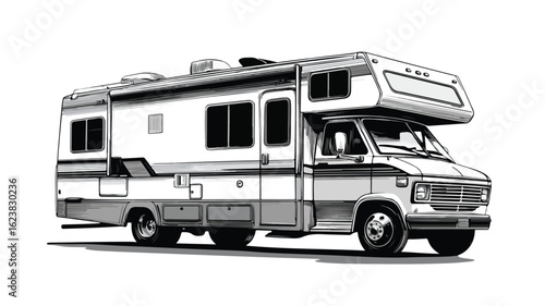 Modern Camper Van Icon in Black Shadow, Side View for Motorhome Design
