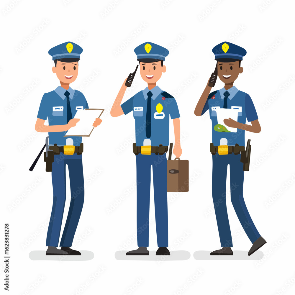 Diverse police officers character set in uniform, patrolling and communicating with walkie-talkies. Vector illustration. Diverse police officers character set in uniform, patrolling and communicating with walkie-talkies. Vector illustration.