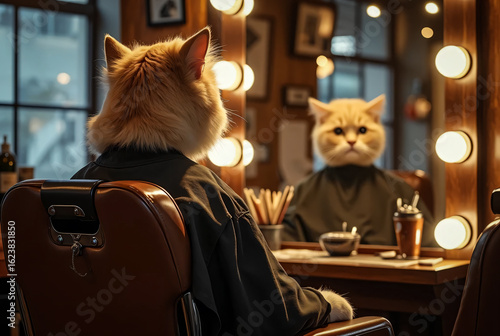 Appearance is the key to success not only for people.
A cat with red fur sits in a hairdresser's chair wearing a protective cape and looks at himself in the mirror.