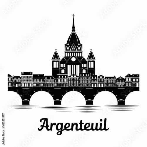 Fotografie Argenteuil Skyline Silhouette - Suburban French City Vector Illustration in Blac