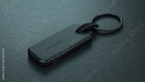 Wallpaper Mural Sleek, matte-black rectangular keychain with a subtle line detail, attached to a dark cord and a simple metal ring, resting on a dark surface Torontodigital.ca