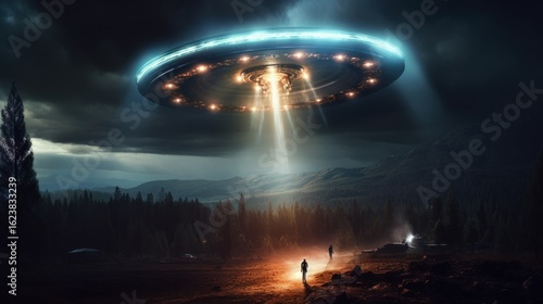 UFO flying in the night sky. Flying Saucer. UFO Concept. Extraterrestrial life concept. SCI FI Concept. Alien. Illustration of an alien spaceship. Science Fiction Concept with Copy Space.