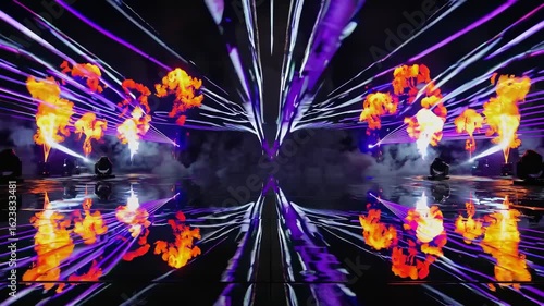 Loopable symmetrical EDM stage with purple laser beams and orange flame bursts reflecting on glossy floor, futuristic concert background for music visualizers and event effects