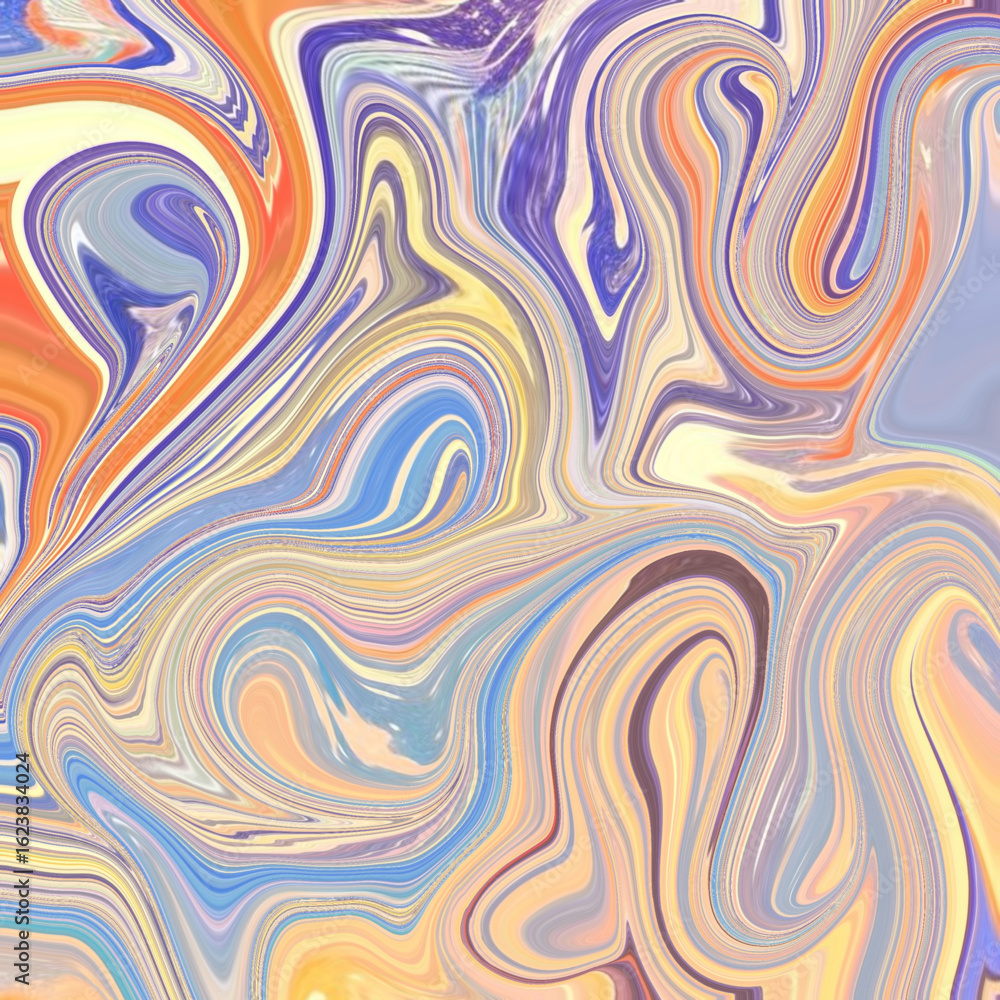 Fototapeta premium Colorful fluid abstract background with pastel swirls of orange, purple, blue, and cream, perfect for artistic design or creative backdrops. Golden keywords: abstract, fluid, swirl, pastel, vibrant.