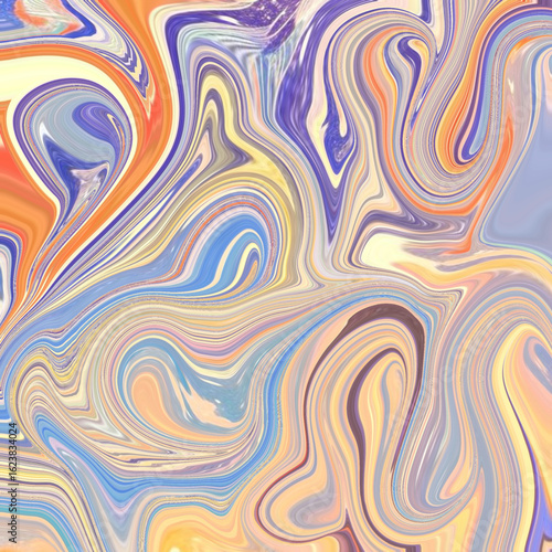 Colorful fluid abstract background with pastel swirls of orange, purple, blue, and cream, perfect for artistic design or creative backdrops. Golden keywords: abstract, fluid, swirl, pastel, vibrant.
