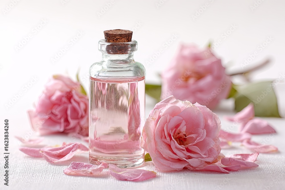 A small, clear glass bottle with a cork stopper, filled with light pink liquid, sits amongst several delicate pink rose blossoms and scattered petals on a white background A small, clear glass bottle with a cork stopper, filled with light pink liquid, sits amongst several delicate pink rose blossoms and scattered petals on a white background