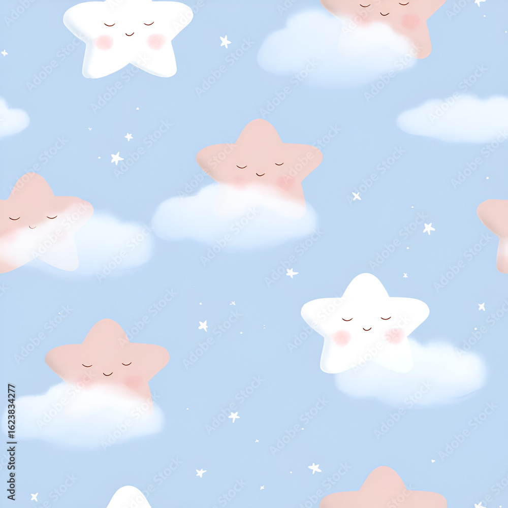 Fototapeta premium Dreamy star pattern with pastel colors. Smiling stars floating on clouds, perfect for baby or nursery decor.