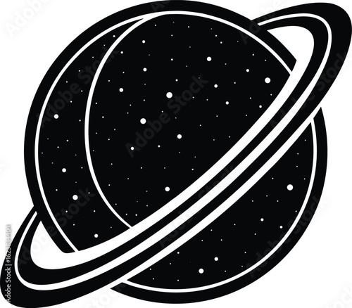 Vector art of stylized planet with rings and stars, symbolizing space, astronomy, and the universe, isolated on a white background