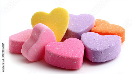 Flat lay of blank pastel candy hearts scattered on a clean white background — perfect for Valentine’s Day designs or customizable messages.

