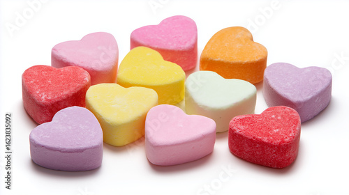 Minimalist composition featuring heart-shaped Valentine candies without text, styled on a white backdrop for creative or romantic use.

