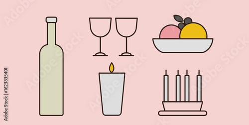 Minimalist flat restaurant illustrations set. Icons collection: Bottle of wine, wine glasses, fruit plate, candles 