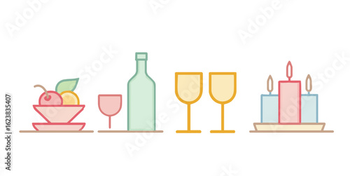 Minimalist flat restaurant illustrations set. Icons collection: Bottle of wine, wine glasses, fruit plate, candles 