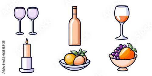 Minimalist flat restaurant illustrations set. Icons collection: Bottle of wine, wine glasses, fruit plate, candles 