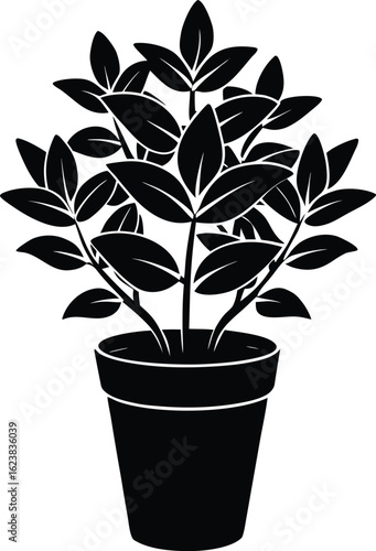 Vector art of black and white silhouette of a potted plant with lush leaves, isolated on a white background