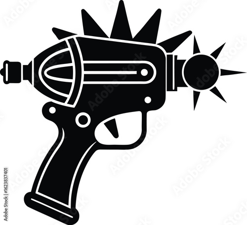 Vector art of a black and white illustration of a futuristic raygun with spikes, isolated on white background