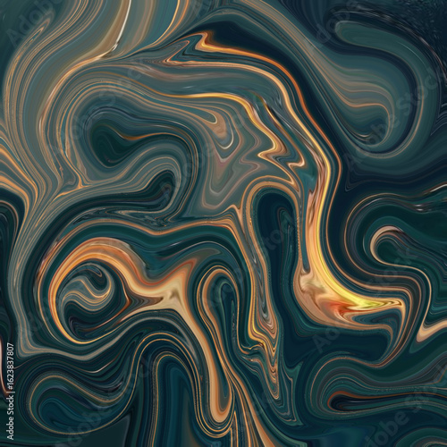 Dark green and amber abstract swirls flow in a hypnotic pattern, creating a surreal visual ideal for abstract and texture-focused design projects. Abstract, Texture, Dark, Swirl, Surreal.