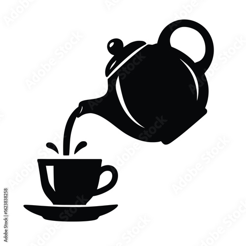 Black and white vector graphic of teapot pouring tea into cup for tea time illustration design silhouette