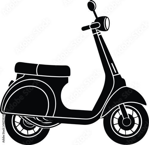 Vector art of black silhouette of a classic scooter isolated on white background, representing urban mobility and retro style