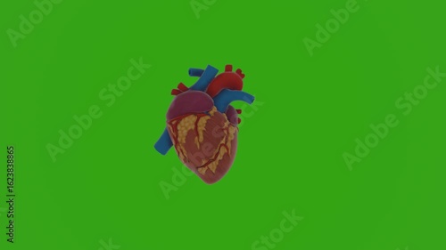 3D realistic human heart model with detailed anatomy rotating 360 degrees on a vibrant chroma key green screen, dynamic spinning motion on alpha channel background, highlighting scientific and medical