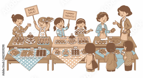 Children and an adult run a bake sale, selling cookies, cupcakes, and other treats at tables covered with checkered cloths.