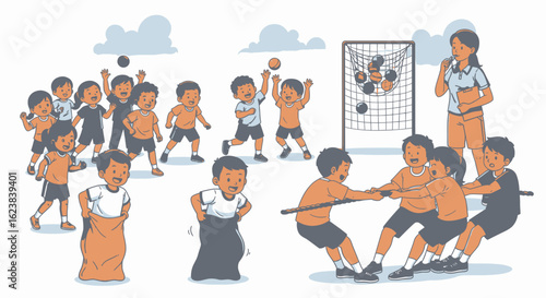 Children playing various outdoor games, including sack races, tug-of-war, and ball-throwing activities, supervised by an adult.
