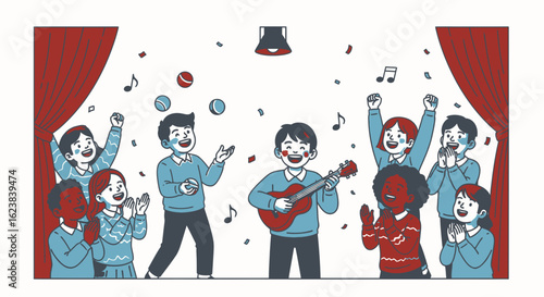 A joyful crowd applauds performers juggling and playing guitar on a stage.