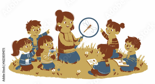Children in a nature class, learning about insects with a teacher.