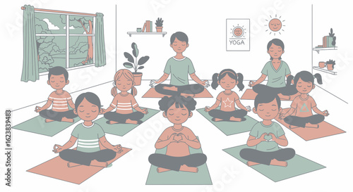 Children and adults practicing yoga and meditation together in a serene classroom setting.