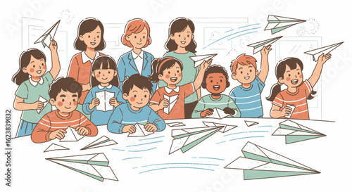 A group of children and teachers engaged in a paper airplane making activity.