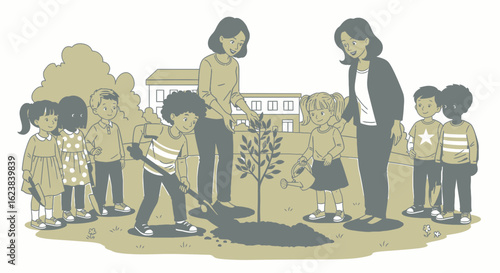 Children and adults planting a tree in a schoolyard setting, promoting environmental awareness.