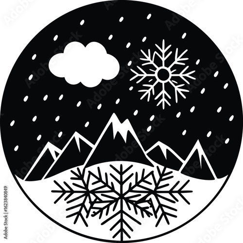 Vector art of a stylized winter night scene with snowcapped mountains, falling snowflakes, and a cloud, enclosed in a circular frame