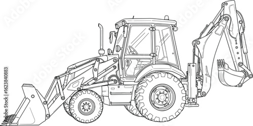 Backhoe loader vector illustration, black and white heavy machinery with front bucket and rear digger, flat drawing for engineering design