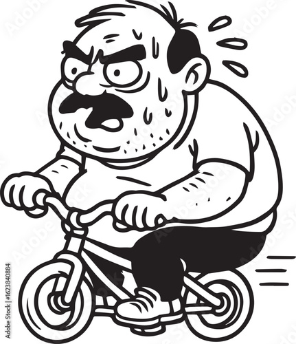 Exhausted Cycling: An illustration depicts an out-of-shape individual pedaling a bicycle, beads of sweat glistening on his brow, embodying the strain of physical exertion.