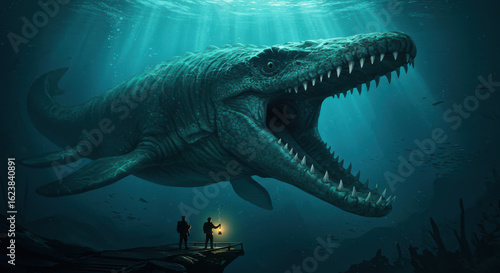 Massive mosasaurus emerges from deep ocean depths to terrify tiny humans
