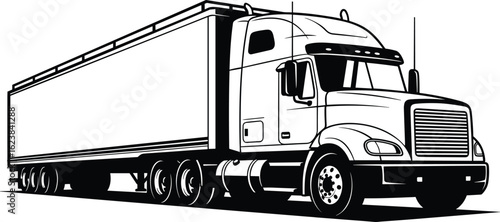 Semi-truck vector illustration, black and white transport vehicle with long trailer, side view drawing for logistics and freight design