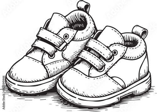 Tiny Steps: A detailed sketch of baby shoes. This hand-drawn image of baby shoes captures the innocence of childhood, ideal for a variety of design projects.