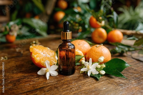Wallpaper Mural Amber glass bottle of essential oil with dropper, nestled amongst halved and whole mandarin oranges, blossoms, and leaves on rustic wooden surface Torontodigital.ca