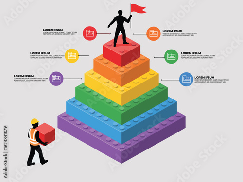 Building Blocks of Success Business Growth and Teamwork to Reach Goals with Colorful Layers and Construction Worker Silhouette