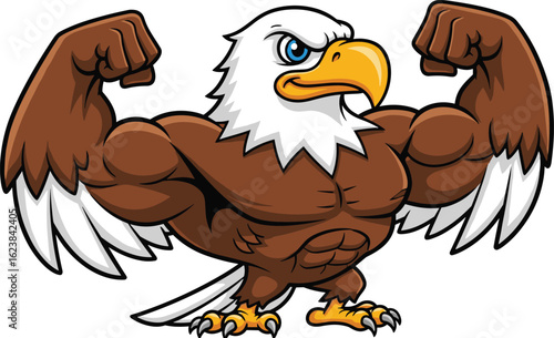 Cad drawing flat vector illustration of muscular eagle mascot flexing wings and biceps, strong animal character logo, cartoon design