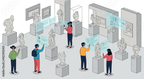 Virtual reality exploration in museum art gallery with interactive augmented reality displays