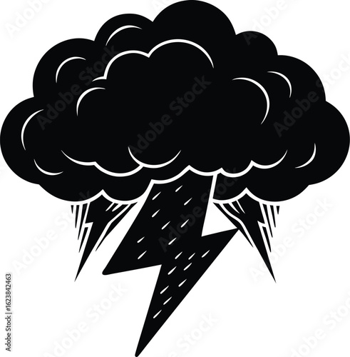 Vector art of storm cloud with lightning bolt isolated on white background