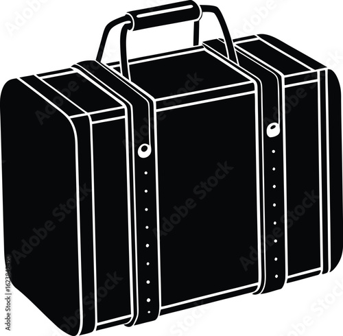 Vector art of a black and white illustration of a vintage suitcase with a handle and straps, isolated on a white background