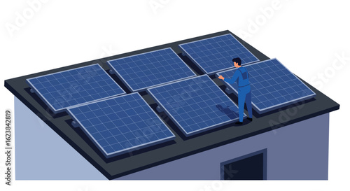 Man inspecting solar panels on rooftop in isometric design