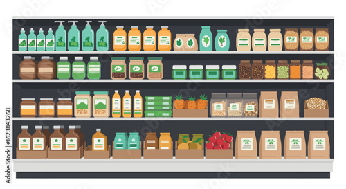 Grocery store shelf with organic products in flat design