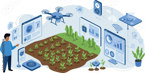 Innovative technology in agriculture: isometric smart farming and data analysis concept