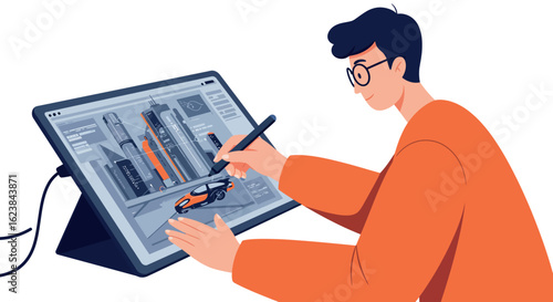 Designer creating digital artwork on tablet with stylus in modern workspace