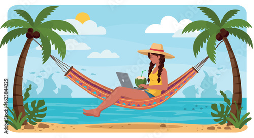 Woman relaxing in a tropical hammock with laptop and coconut drink